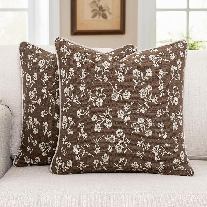 18x18 Chenille Jacquard Throw Pillow Cover, Taupe Gray Vintage Floral Cushion Case with Piped Edg... | Amazon (US)