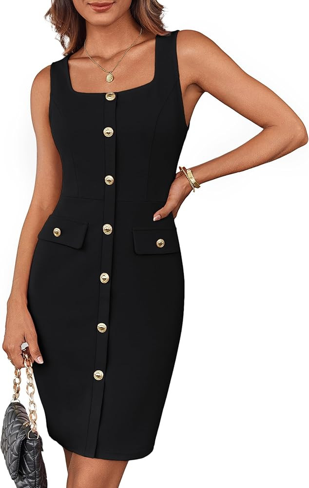 GRACE KARIN 2025 Women's Buttons Belted Square Neck Business Work Dress Sleeveless Bodycon Midi D... | Amazon (US)
