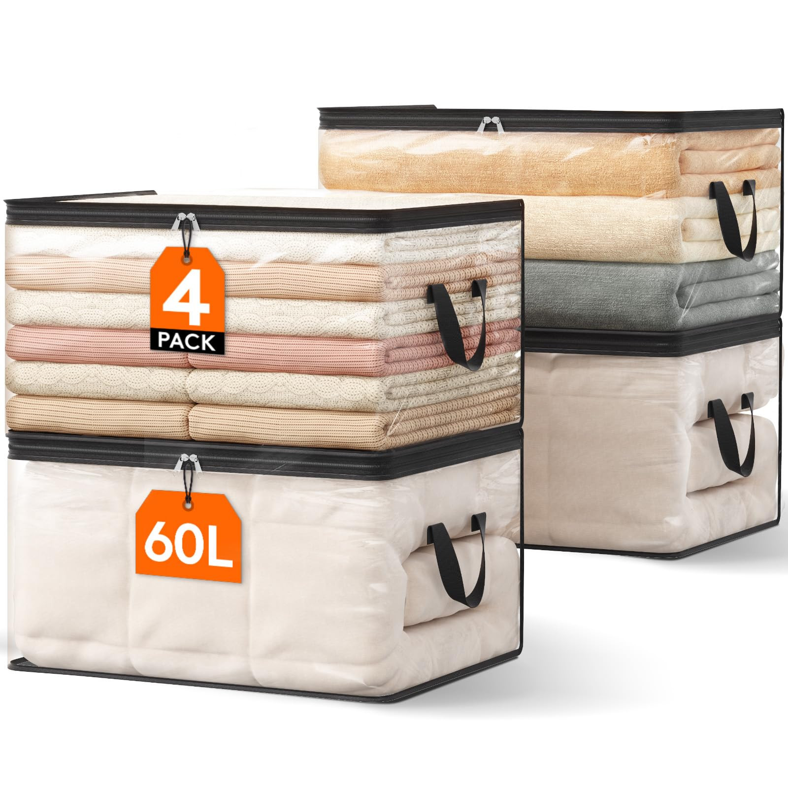 Lifewit 4 Pack Clear Clothes Storage Bags, 60L Plastic Blanket Vinyl Foldable Moving Bags with Zi... | Amazon (US)