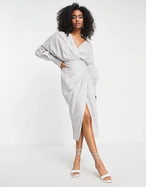 ASOS EDITION drape midi dress with wrap bodice and skirt in pebble gray | ASOS (Global)