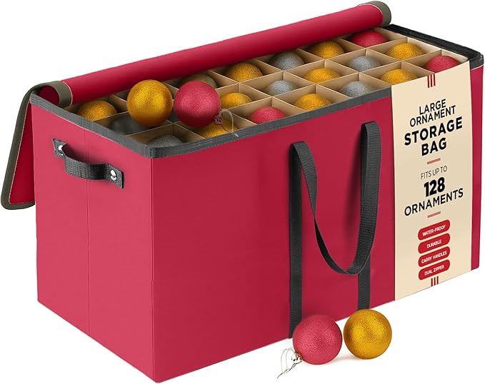 Large 128 Christmas Ornament Storage Box, Adjustable Compartment Dividers, Dual Zipper, Stackable... | Amazon (US)