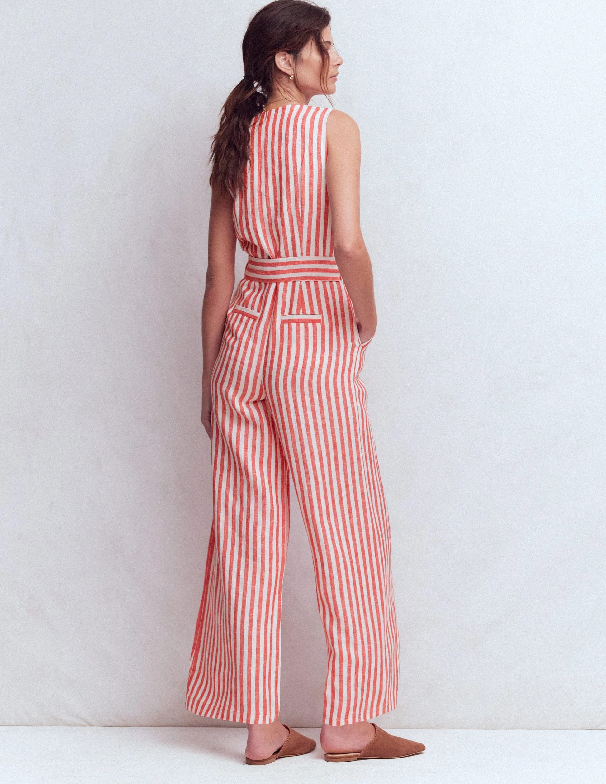 Laura V-neck Linen Jumpsuit-Red, Ivory Stripe | Boden UK