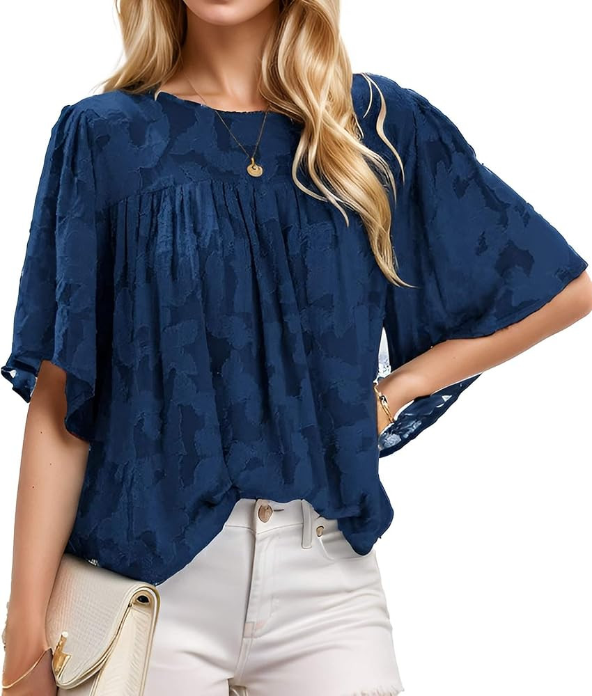 Womens 3/4 Sleeve Tops Dressy Casual Floral Chiffon Boho Shirts Loose Fitting Summer Blouses | Amazon (US)