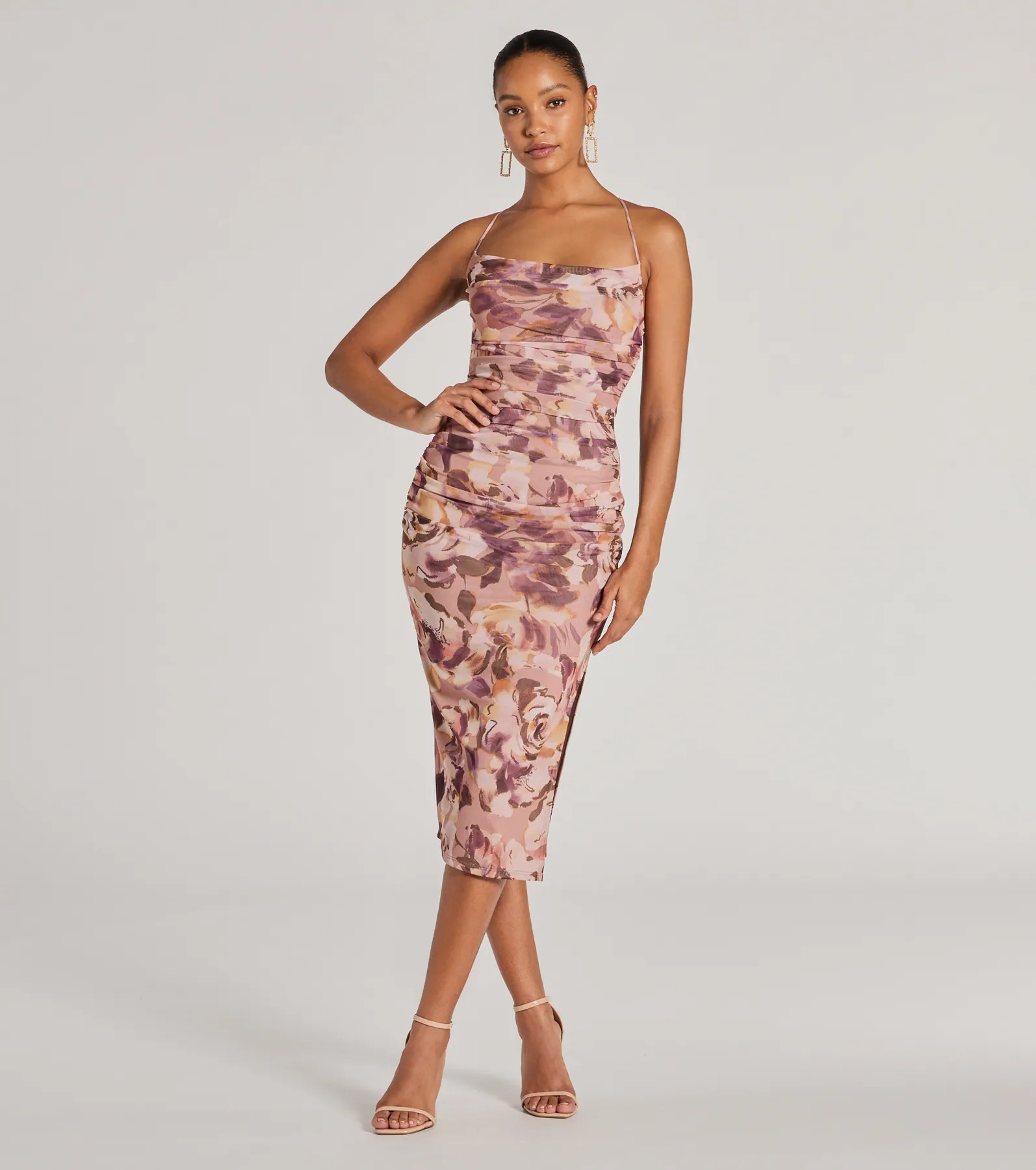 Floral Energy Lace-Up Bodycon Slit Midi Dress | Windsor Stores
