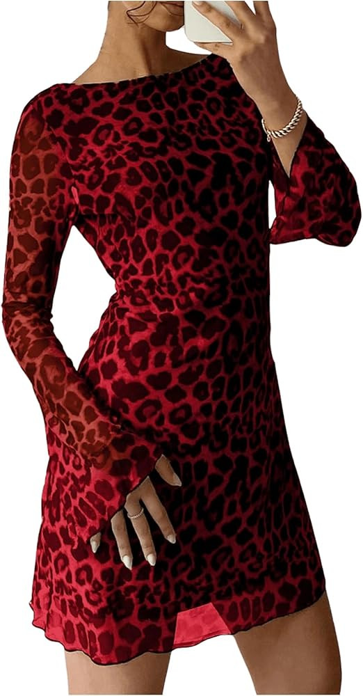 MakeMeChic Women's Leopard Print Dress Y2k Mesh Bell Sleeve Mini Cheetah Print Dresses | Amazon (US)