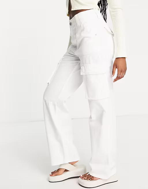 Bershka straight leg cargo pants in white | ASOS (Global)