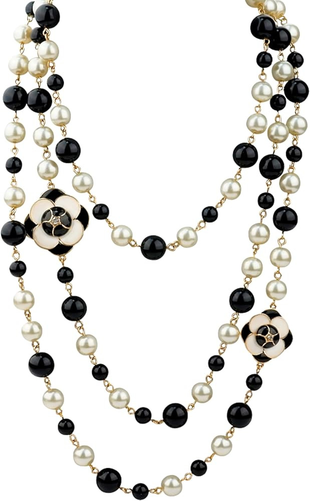 Vintage Inspired Imitation Pearl Long Strand Black and White Camellia Flower Costume Layered Neck... | Amazon (US)