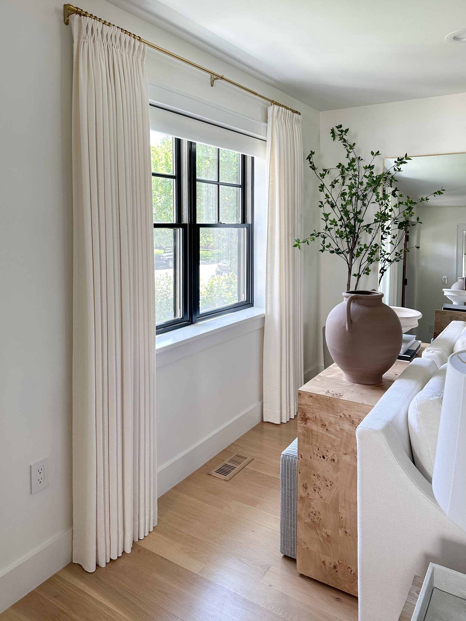 Curtain details ⬇️

TWOPAGES Isabella Custom Curtains
Color: Off White/Creamy White 7084-5
Hanging Header Style: Triple Pleat
Width: 75" wide
Length (Height): 90” long
Lining: Room Darkening Liner, 140GSM
Body Memory Shaped: Yes

Hardware Details:
Finish: Brass
Diameter: 0.75”
Rings: 0.75” (1 1/2” diameter)

#LTKHome #LTKStyleTip #LTKSaleAlert