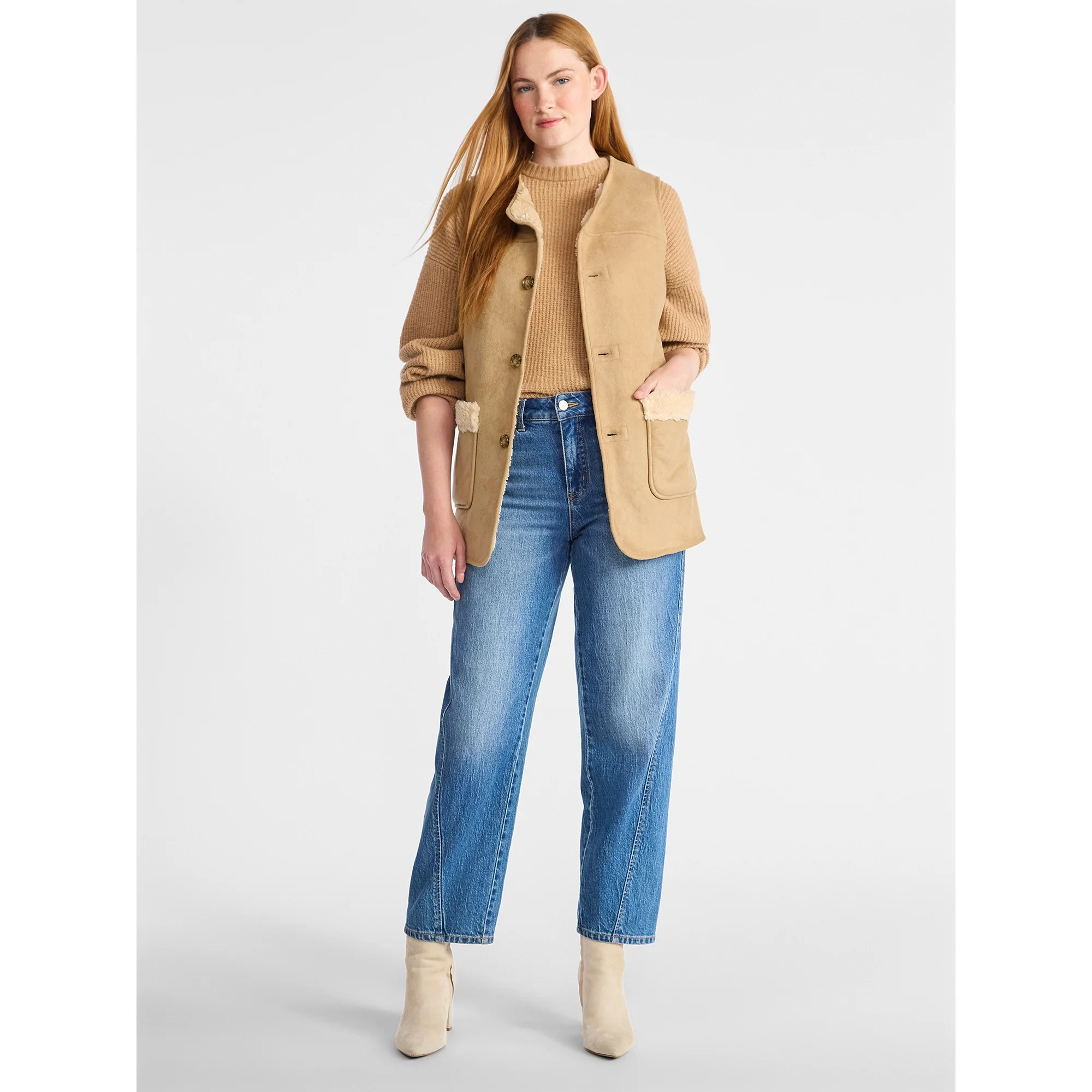 Time and Tru Women’s Faux Shearling Longline Vest, Lightweight, Sizes XS-XXXL | Walmart (US)