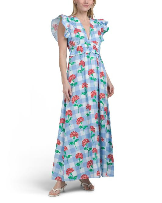 Flutter Sleeve V-neck Gingham Midi Dress With Flowers | TJ Maxx