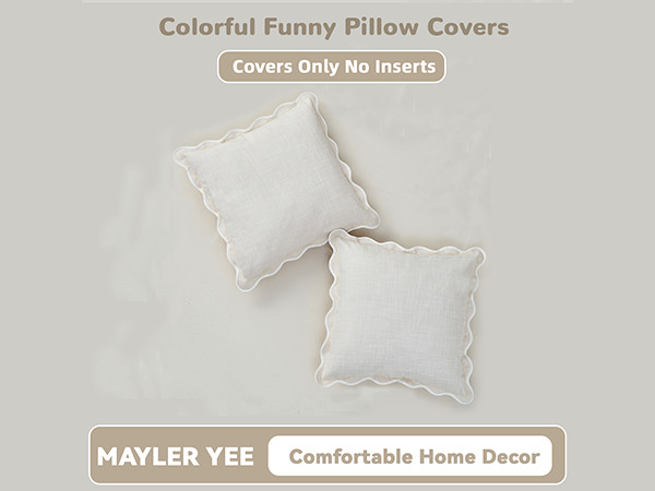 Scalloped Throw Pillow Covers Set of 2 for Living Room, Cotton & Linen, Boho Sytle Decorative Home (Beige & Brown Edge, 12x20 Inch) | Amazon (US)