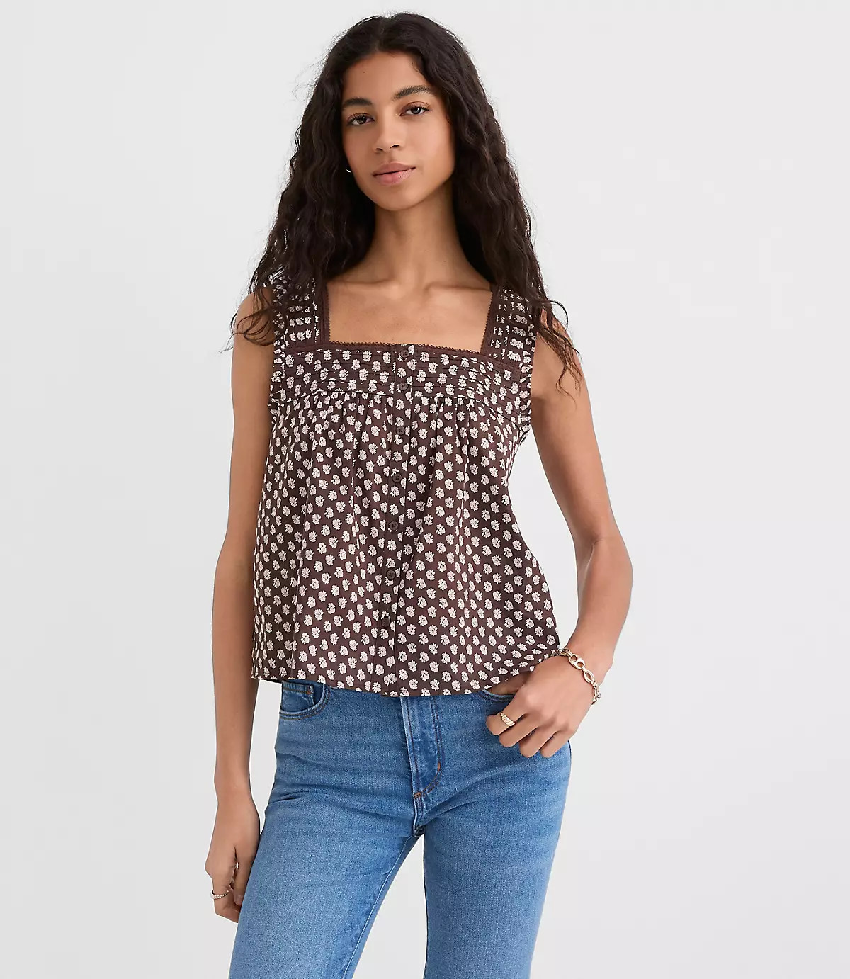 Floral Pleated Square Neck Blouse | LOFT