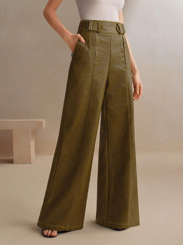 Anewsta Vintage Distressed Wide Leg PU Leather Pocket Pants, Business Casual Women For Spring/Summer | SHEIN