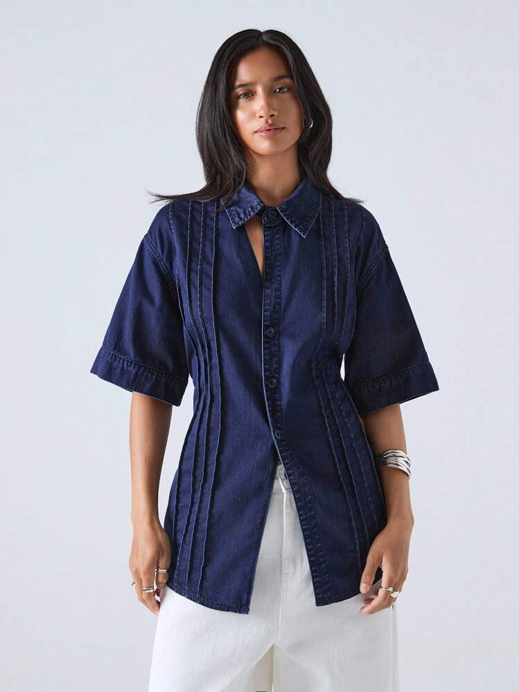 LYSMO Women Toothpick Design Short Sleeve Single-Breasted Casual Denim Jacket | SHEIN