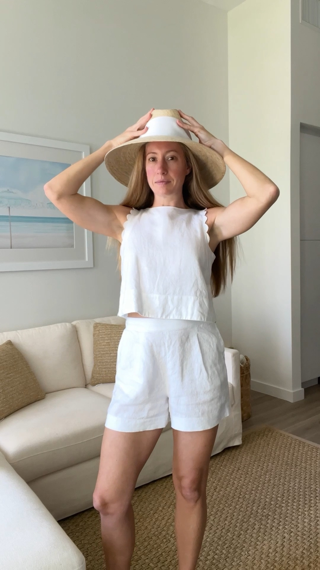 All white linen outfit! Wearing the Alice Walk scalloped top in a Small! 

summer outfit, linen top, linen shorts, sun hat, spring outfit, preppy outfit, summer outfit inspiration, beach vacation outfit, resort wear, coastal outfit 

#LTKSeasonal #LTKTravel #LTKSwim