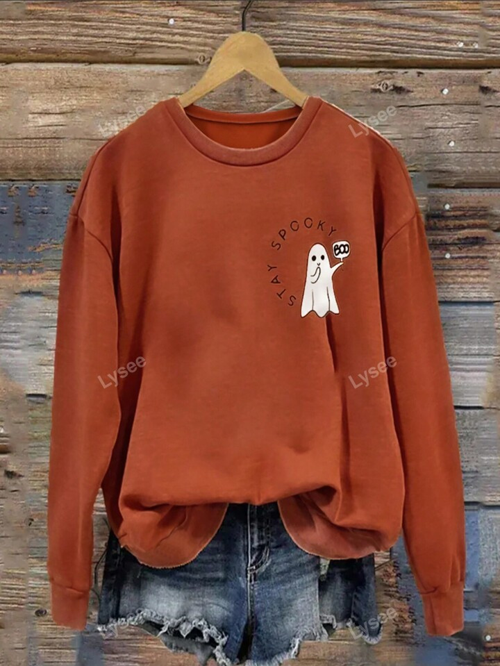 Casual And Fashionable Simple Solid Color Women's Round Neck Halloween Sweatshirt With Little Gho... | SHEIN