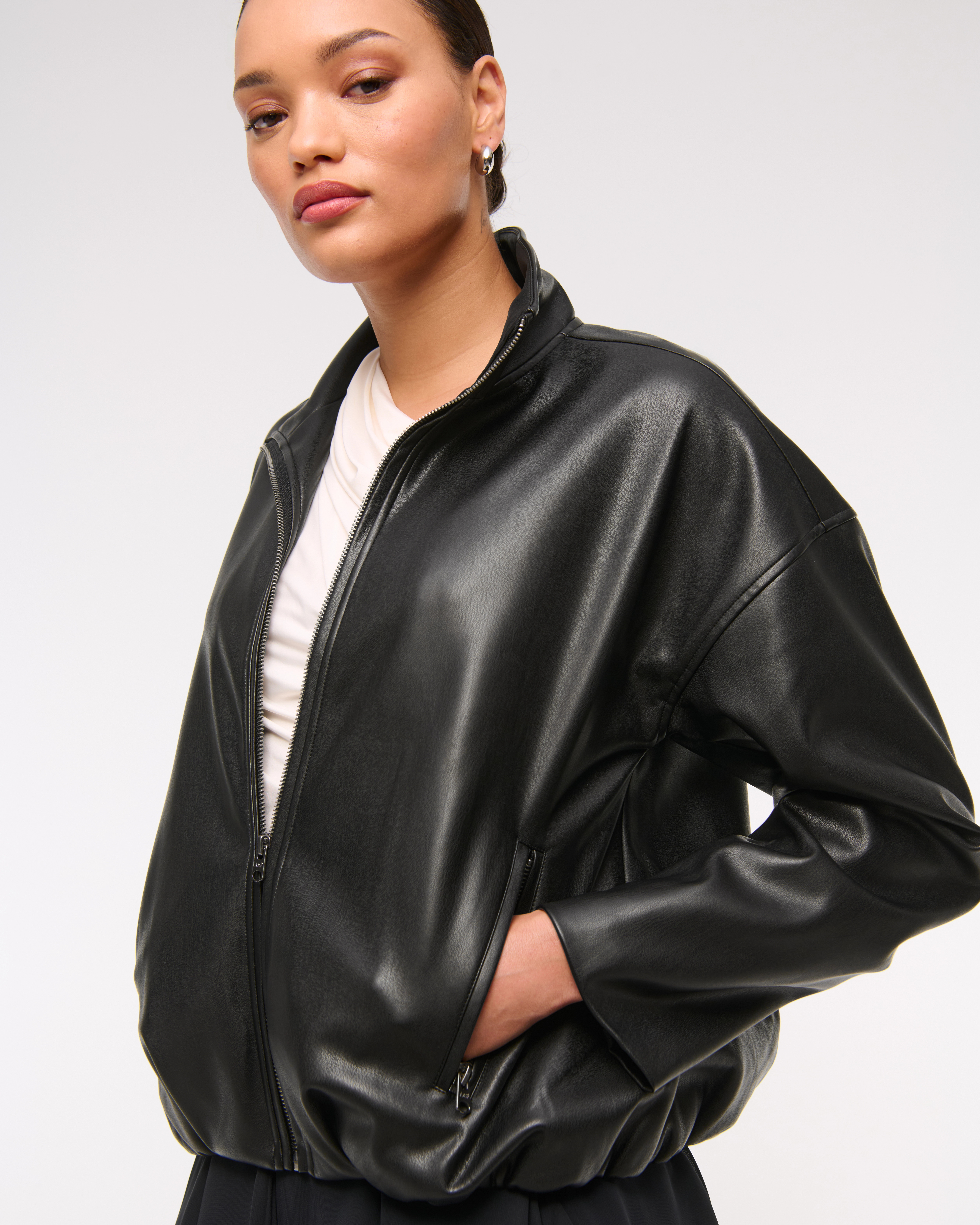 Bubble Hem Vegan Leather Bomber Jacket | Abercrombie & Fitch (US)