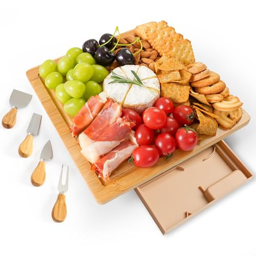 Yibidys Charcuterie Boards Cheese Board Set, Small Charcuterie Board Bamboo Cheese Board with Slide-Out Drawer, House Warming Gifts New Home, Wedding Gifts for Couple, Bridal Shower Gift | Amazon (US)