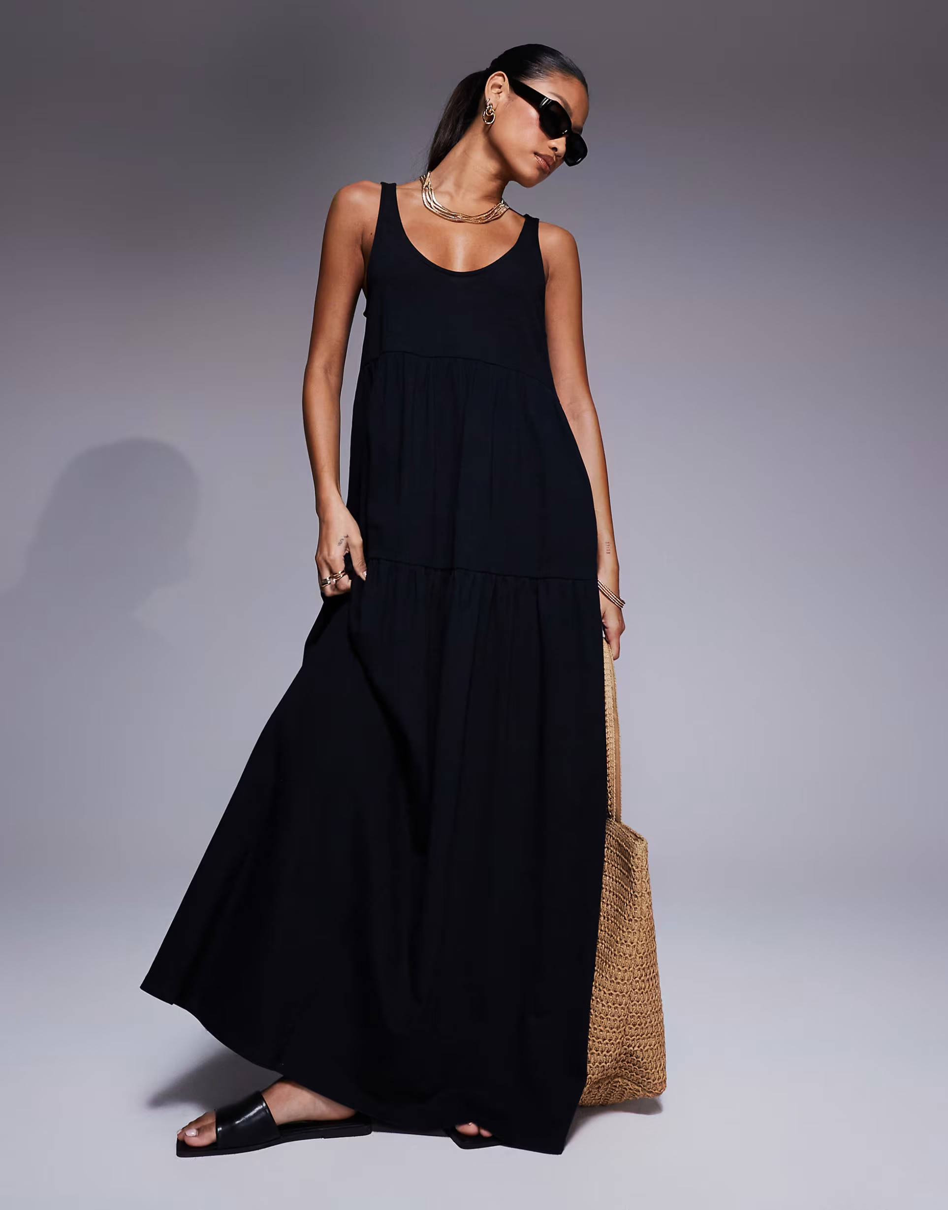 ASOS DESIGN scoop tiered trapeze maxi dress in black | ASOS (Global)