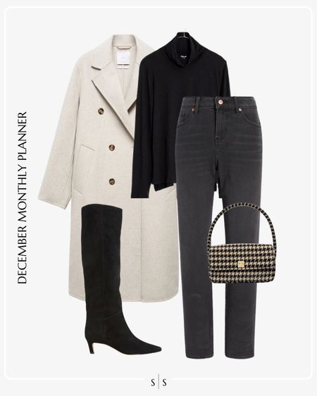 Monthly outfit planner: DECEMBER: Winter looks | wool top coat, turtleneck long sleeve tee, black skinny jeans, knee high boot, shoulder bag | date night look, party outfit, holiday 

See the entire calendar on thesarahstories.com ✨ 

#LTKHoliday #LTKstyletip
