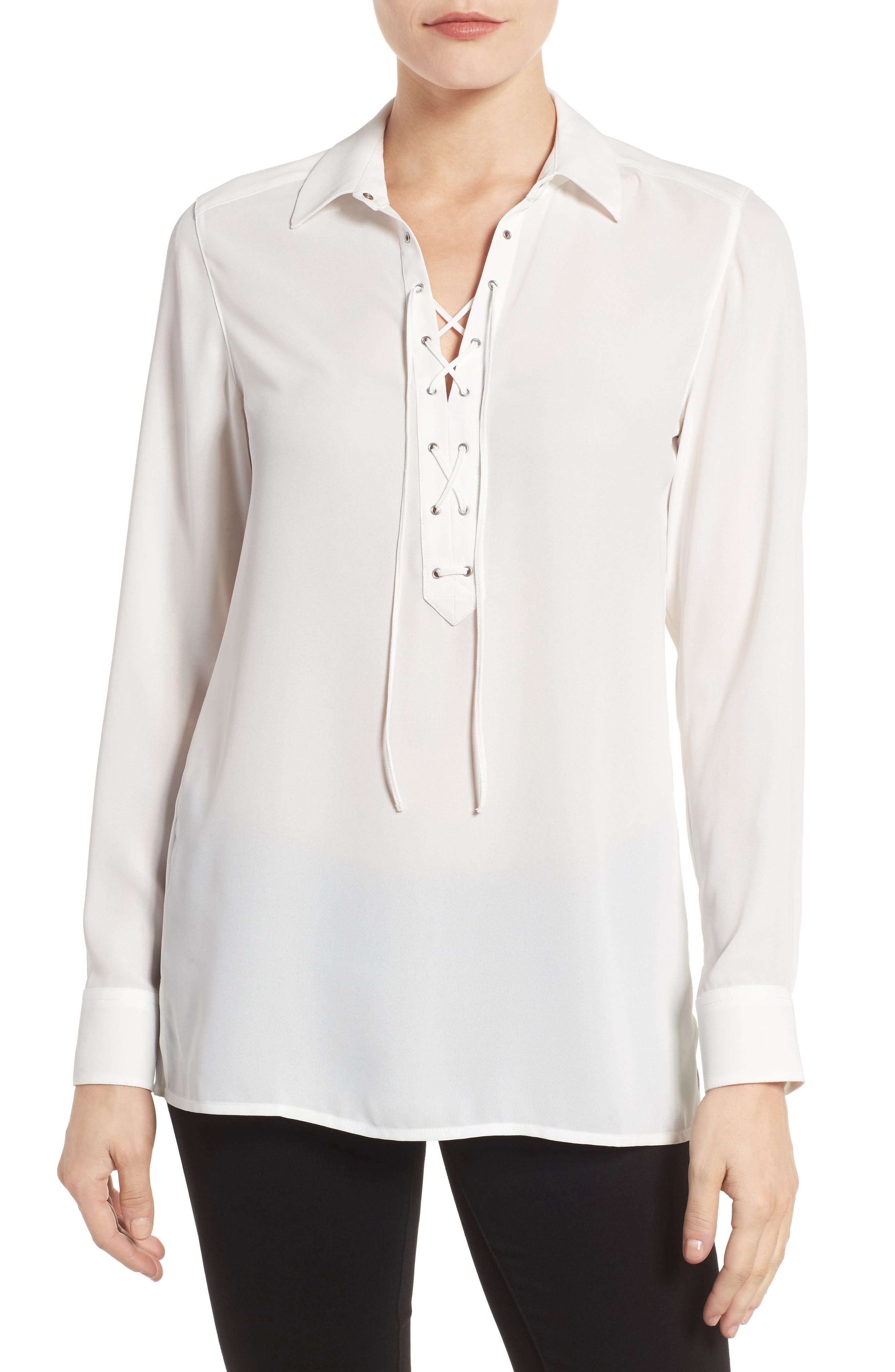 Lace-Up Placket Blouse (Regular & Petite) | Nordstrom