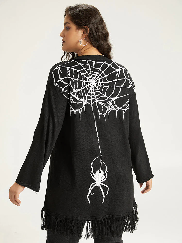 Halloween Spider Print Tassel Trim Open Front Cardigan | Bloomchic
