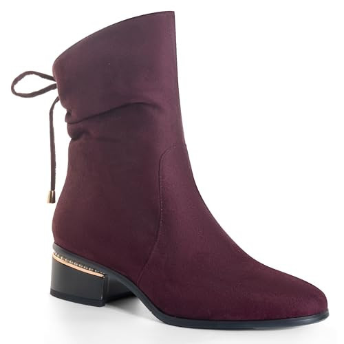 ANN CREEK Women's Ankle Boots Low Heels Mid Calf Boots for Women Ankle Booties Back Lace-up Block Chunky Heels Pearl Heeled Faux Suede Burgundy Size 9.5 | Amazon (US)