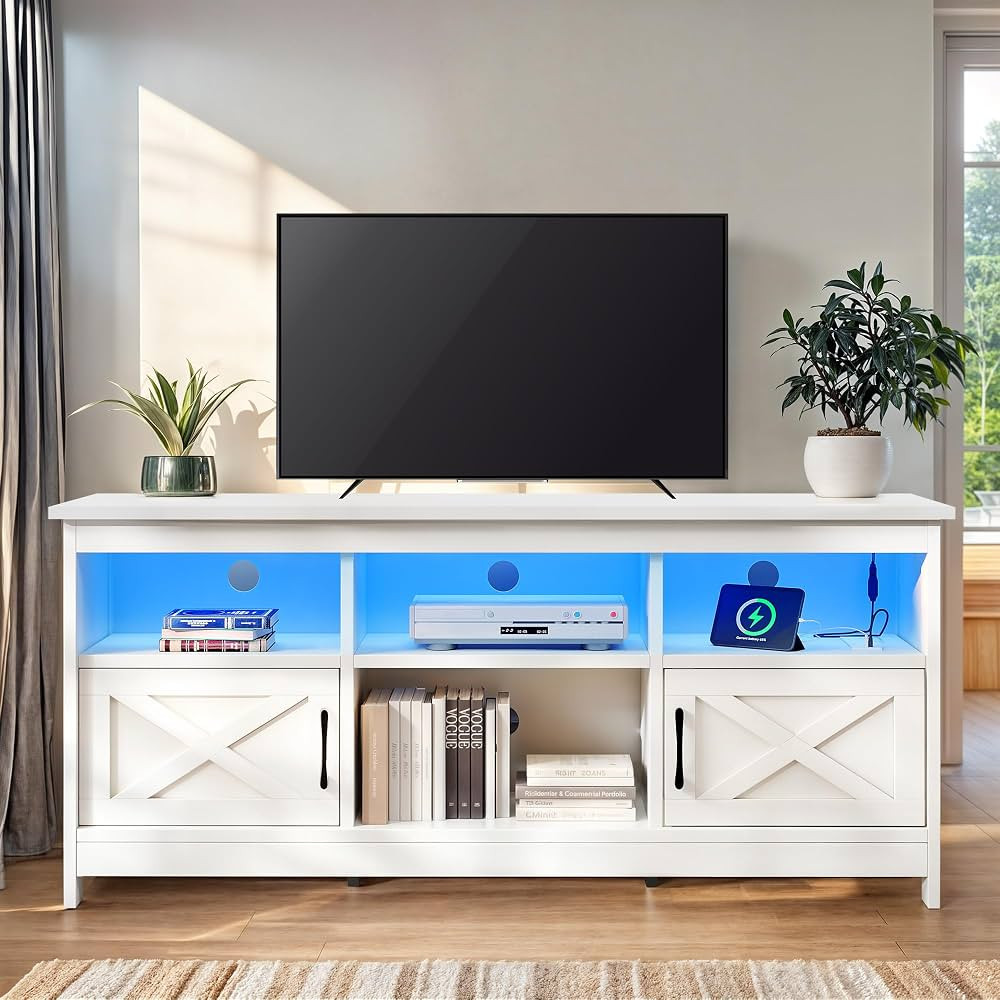 GOOBED White TV Stand for 65 Inch Television Stand, Farmhouse Entertainment Center with Power Out... | Amazon (US)