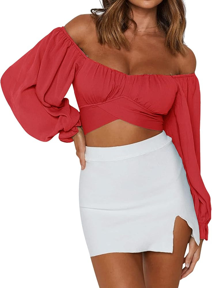 LYANER Women's Cute Off Shoulder Long Sleeve Self Tie Knot Crop Tube Top Blouse | Amazon (US)
