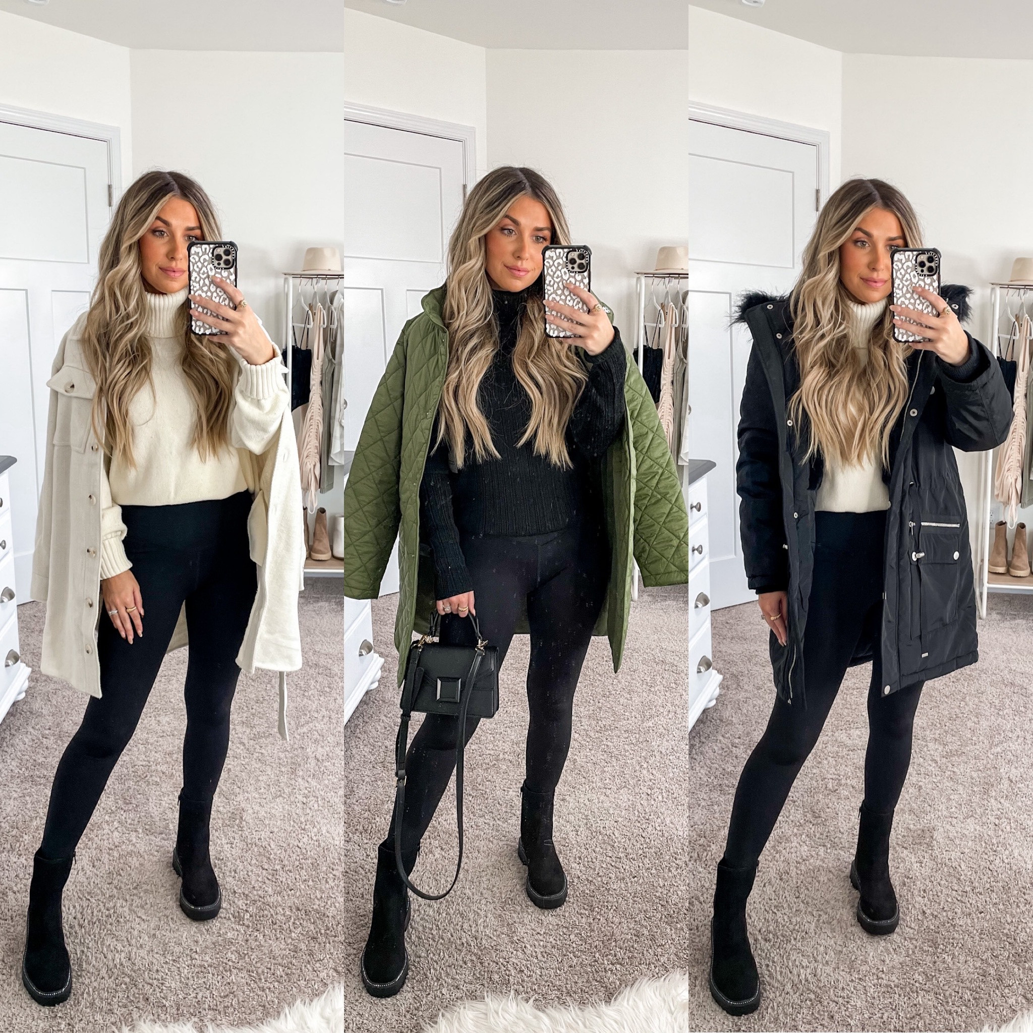 Walmart Fall + Winter outfit inspo 🫶🏼 OBSESSED with these pieces! #walmartpartner #walmartfashion @walmartfashion 
+ white turtleneck - medium 
+ black leggings - small
+ belted Shacket - small
+ Chelsea boots - size 6 
+ green coat - small
+ black turtleneck - small (could have sized down) 
+ black winter coat - small 

#LTKHoliday #LTKSeasonal #LTKstyletip