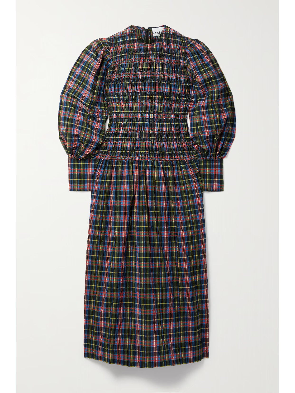 GANNI - Shirred Checked Organic Cotton-blend Seersucker Midi Dress - Navy | NET-A-PORTER (UK & EU)