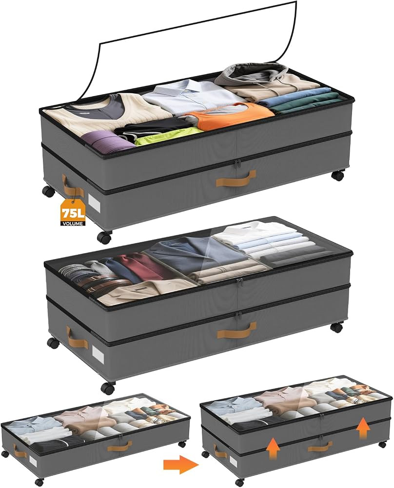 Under Bed Storage with Wheels 2-Pack, 75L XXL Under the Bed Storage Containers Large, 12" Tall Ad... | Amazon (US)