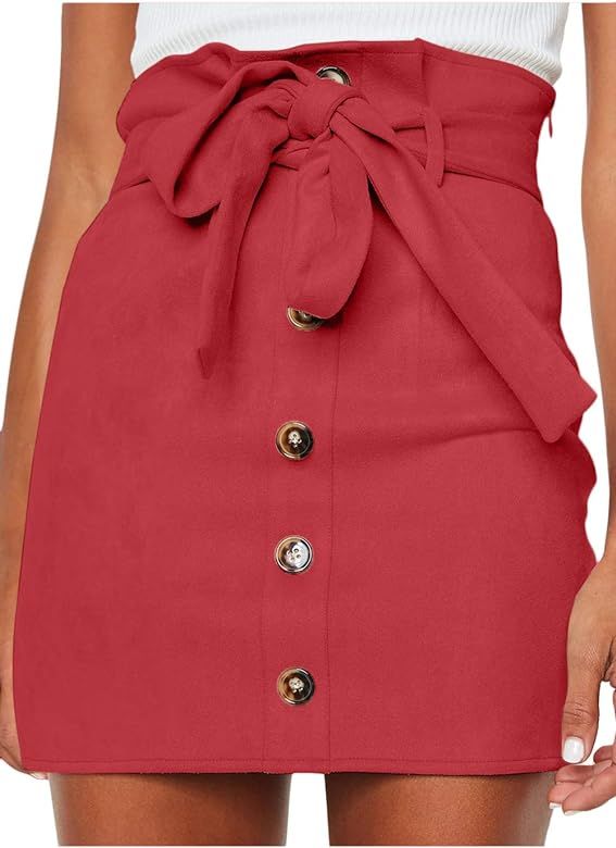 Women's Paperbag High Waist Button Trim Front Belted Faux Suede Mini Skirt | Amazon (US)