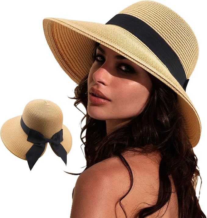 DRESHOW Sun Hats for Women Travel Fedora Foldable Beach Sun Hat Summer Wide Brim Straw Bucket Hat... | Amazon (US)