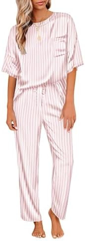 Ekouaer Womens Satin Silky Pajama Set Short Sleeve Shirt with Long Pajama Pant Set Soft PJ Lounge... | Amazon (US)