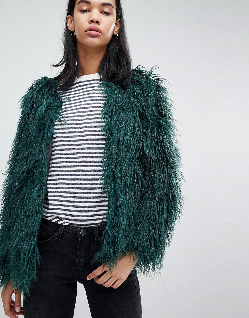 Blend She Feyla Crimped Faux Fur Jacket - Green | ASOS US