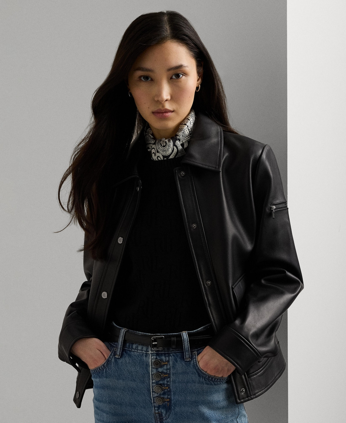 Lauren Ralph Lauren Women's Buttoned Leather Jacket - Black | Macy's