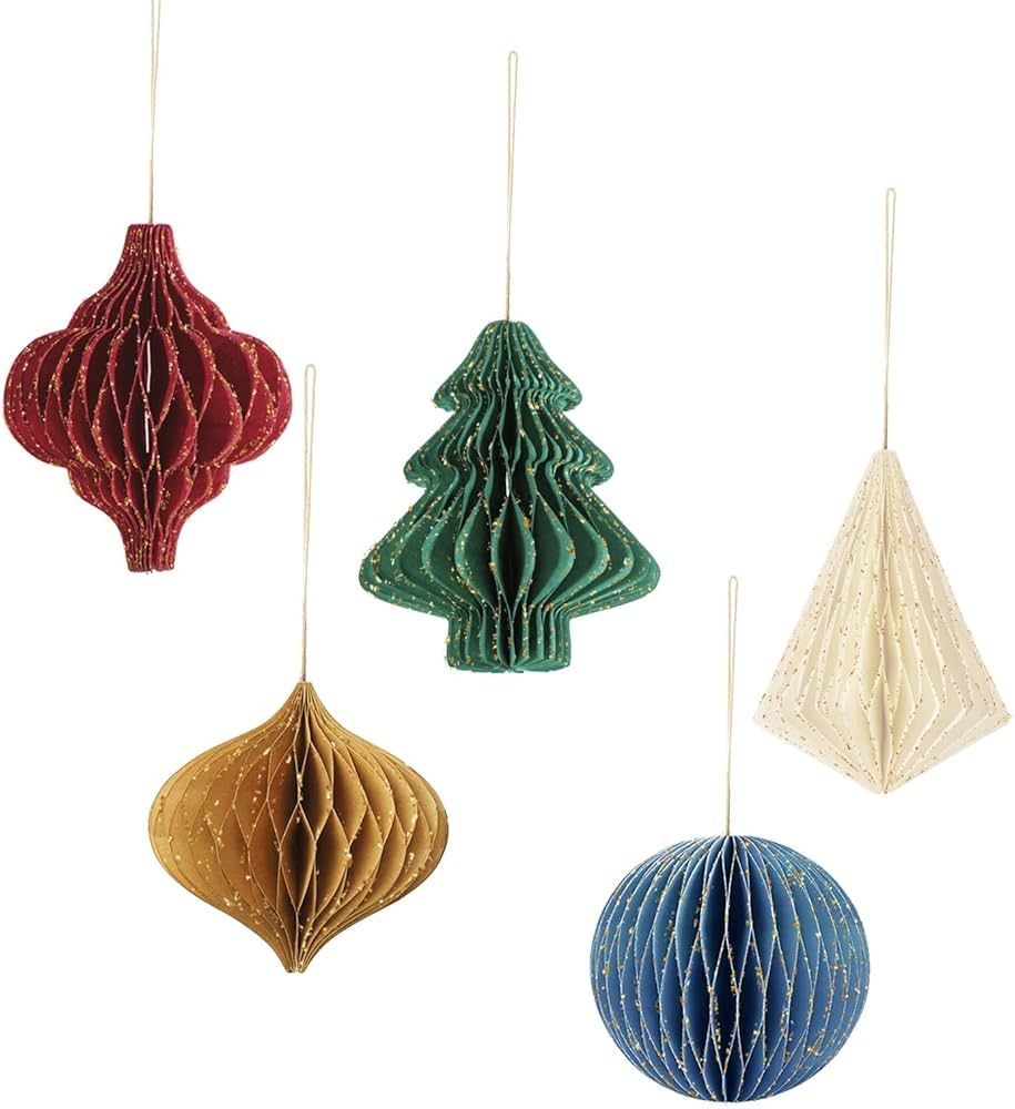NICROHOME Christmas Party Decorations - 5 PCS Mini Glitter Edge Paper Honeycomb Ornament, White Y... | Amazon (US)