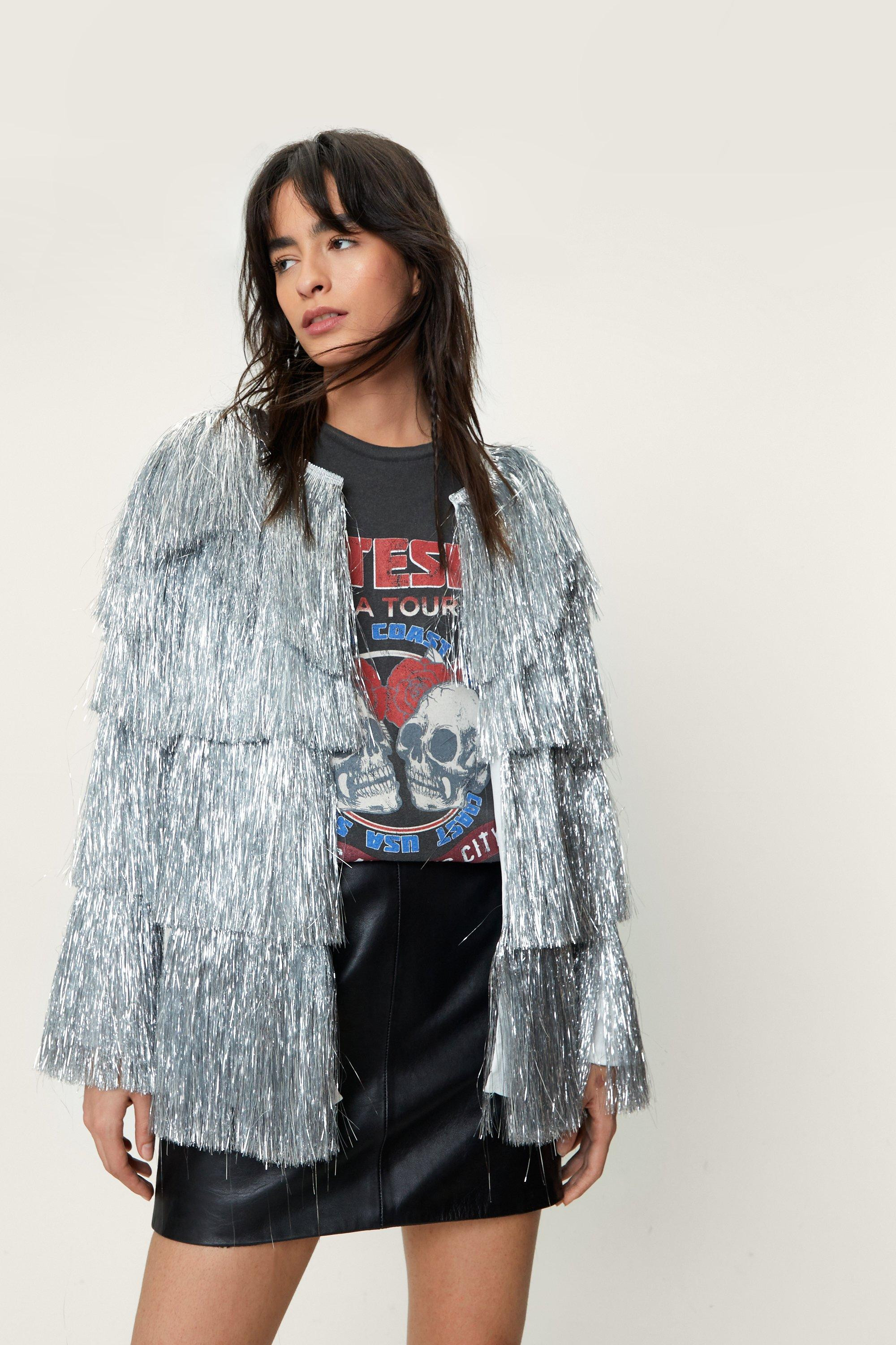 Metallic Open Front Tiered Tinsel Fringe Jacket | Nasty Gal (US)