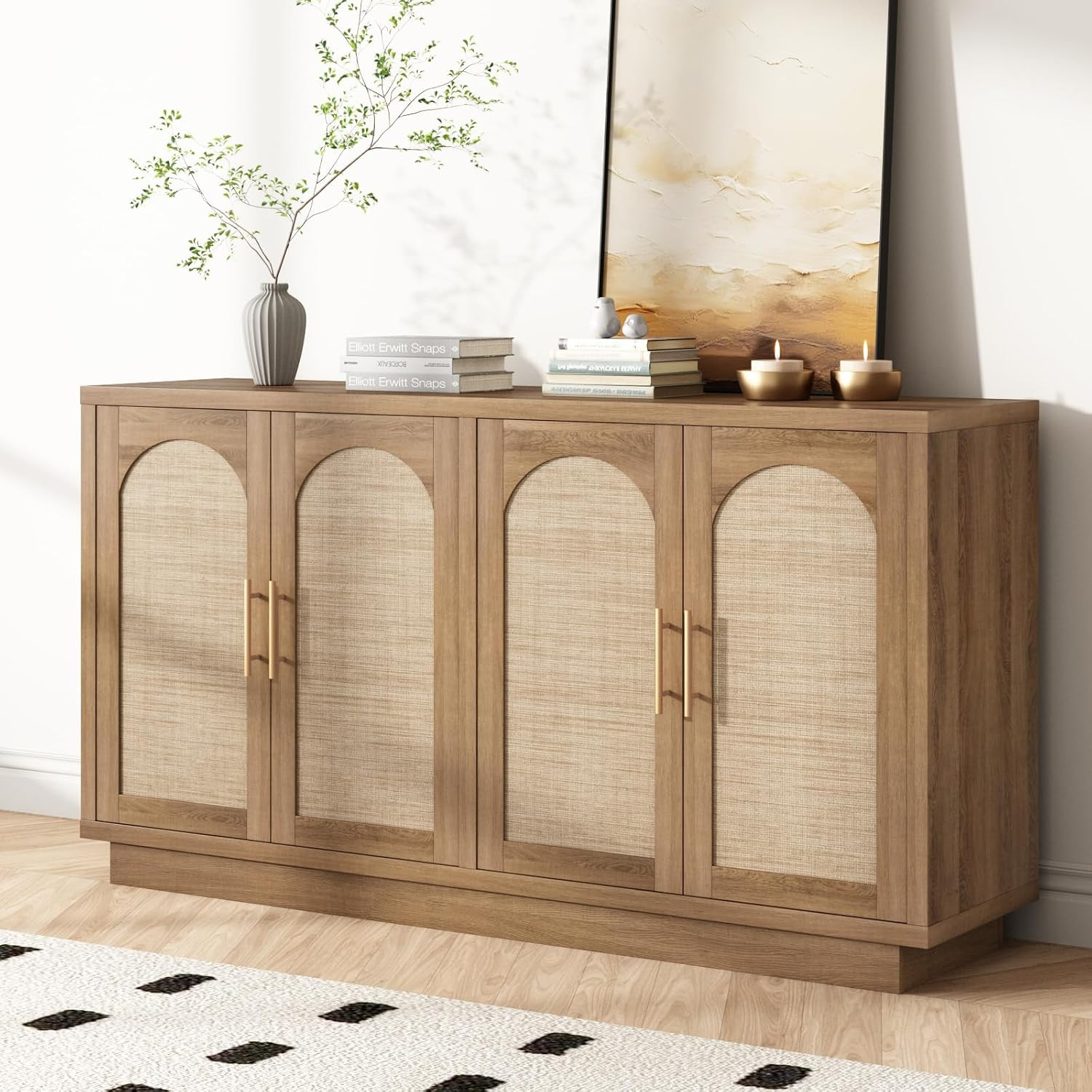 59" Rattan Sideboard Buffet Cabinet with Storage, 4 Arched Doors | Amazon (US)