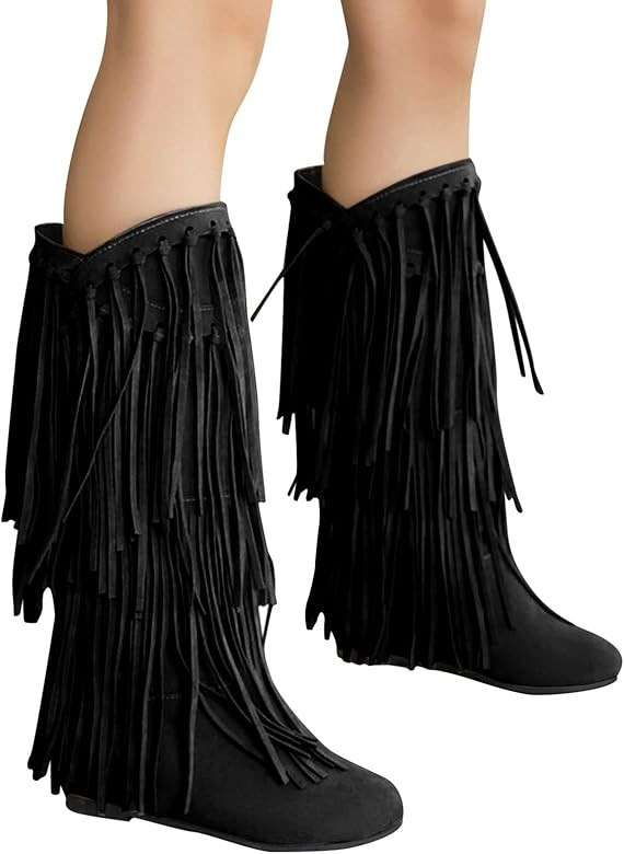boseucn Stiefeletten Damen, Damen Kniestiefel Fransen Cowboy-Stiefel Fransen Klassischer Halbhohe... | Amazon (DE)