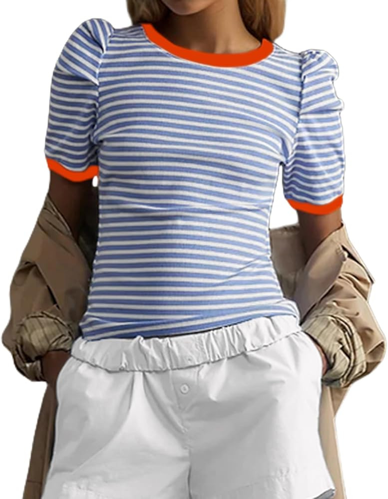 MISSACTIVER Women Striped Color Block T-Shirts Crew Neck Short Puff Sleeve Slim Fit Pullover Shir... | Amazon (US)