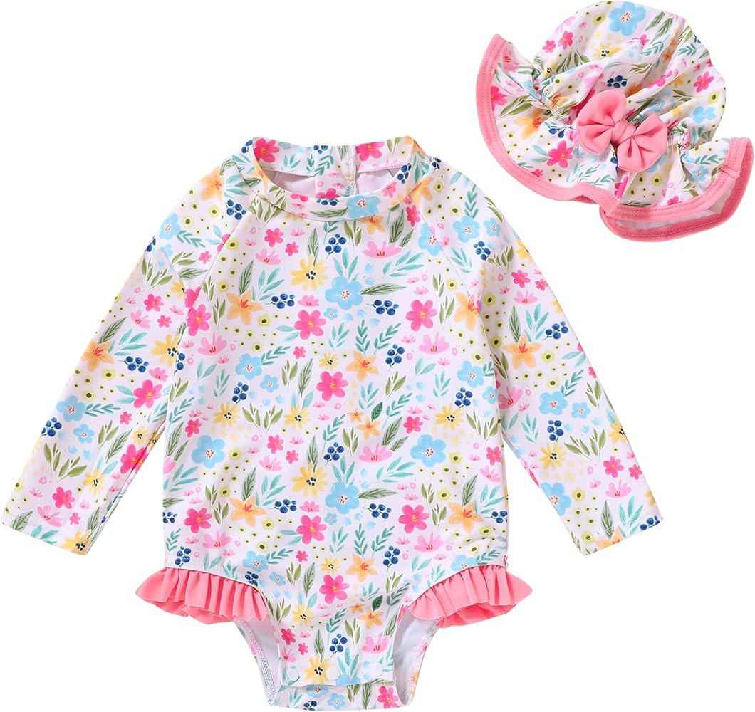 Infant Baby Girl Swimsuit One-Piece Long Sleeve Rash Guard with Hat Set Floral Zipper Bathing Sui... | Amazon (US)