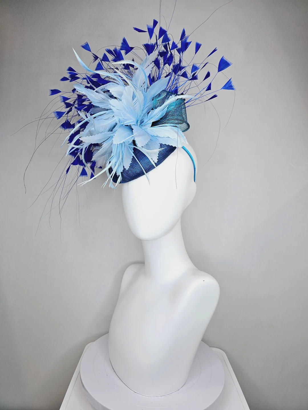 Kentucky Derby Hat Fascinator Turquoise Blue Sinamay Light Blue Large Feather Flower With Blue Fe... | Etsy (US)
