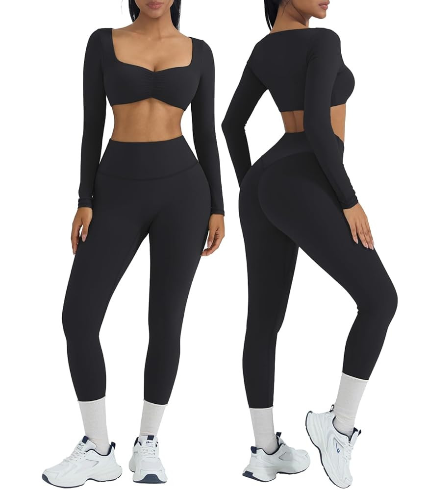 OMKAGI 2 Piece Workout Sets for Women Long Sleeve Padded Sports Bra High Waisted Gym Outfits with... | Amazon (US)