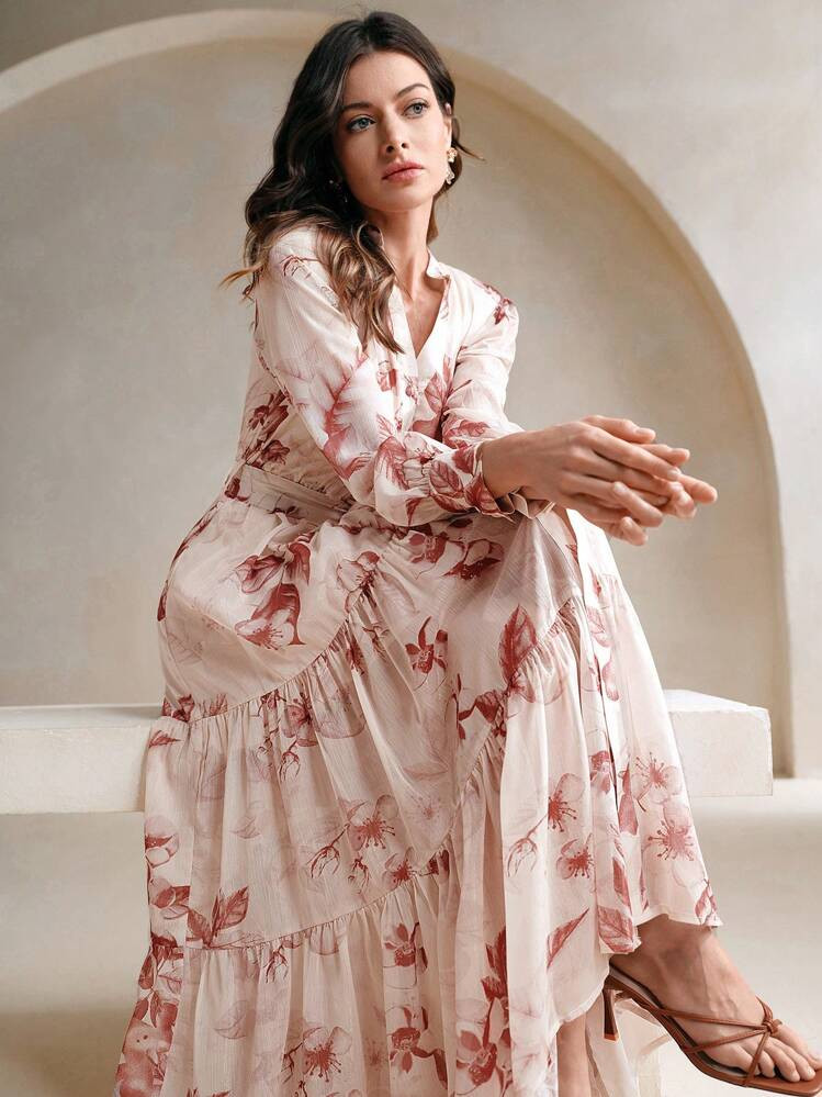 Anewsta Gentle Elegant Vacation Pink Ditsy Floral Waist Cinched Long Sleeve Dress For Women Maxi ... | SHEIN