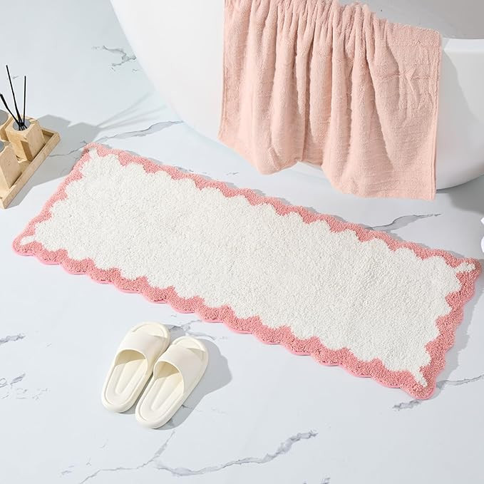 ORTIGIA Long Cute Scalloped Bathroom Rugs Runner, Fun White and Pink Plush Microfiber Scallop Bat... | Amazon (US)