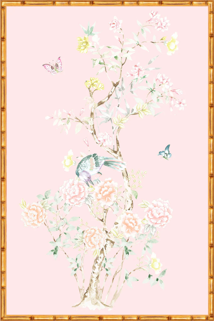 "Chinoiserie Garden 3" Framed Panel in "Blush" by Lo Home X Tashi Tser | Lo Home by Lauren Haskell Designs