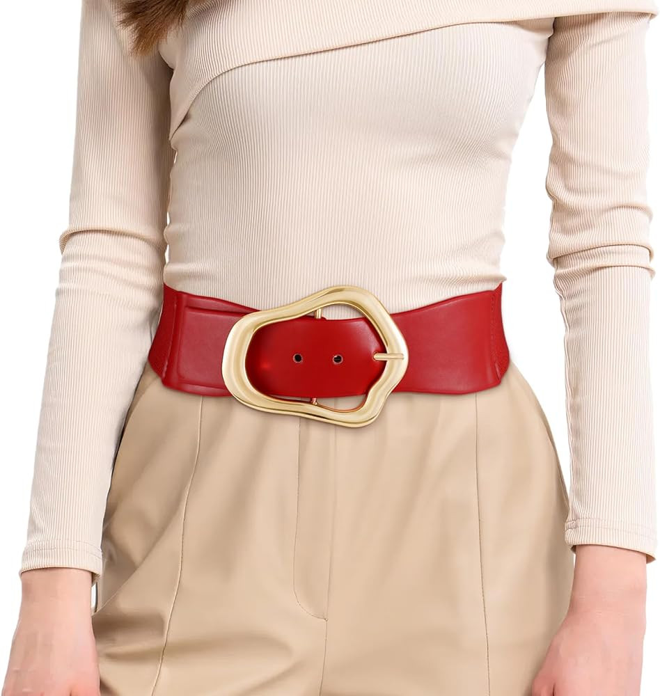 XZQTIVE Women Wide Elastic Waist Belt for Dresses Fashion Big Gold Buckle Stretchy Leather Waistb... | Amazon (US)