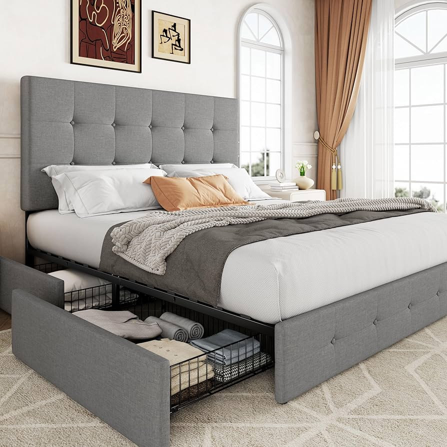 Allewie Upholstered Queen Size Platform Bed Frame with 4 Storage Drawers and Headboard, Square St... | Amazon (US)
